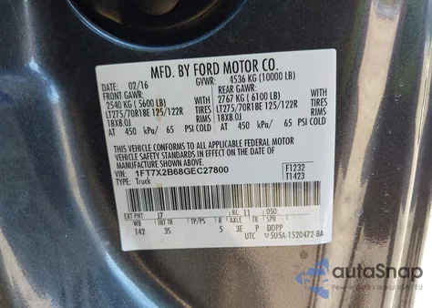 2016 Ford F250 Super Duty из США, поврежденный, VIN 1FT7X2B68GEC27800